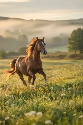 Majestic Chestnut Horse Running Through Meadow