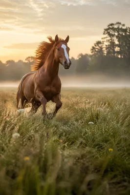 Majestic Chestnut Horse Running Through Meadow