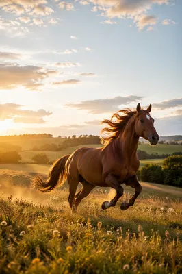 Majestic Chestnut Horse Running Through Meadow