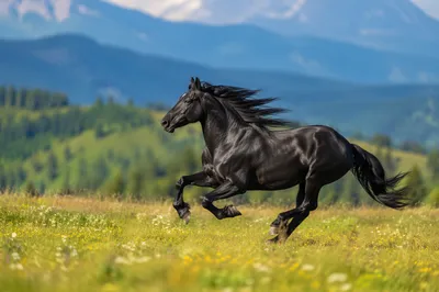 Majestic Black Horse Running Through Wildflower Meadow