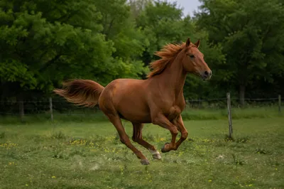 Majestic Chestnut Horse Running Through Meadow