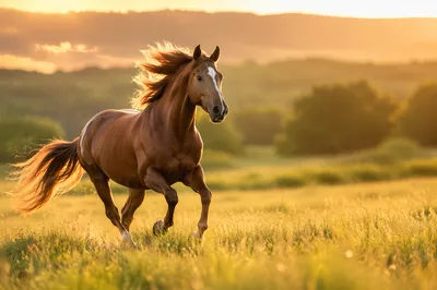 Majestic Chestnut Horse Running Through Meadow