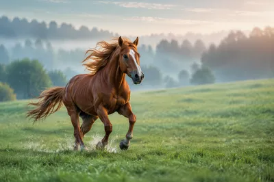 Majestic Horse Running Through Morning Meadow