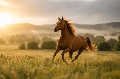 Majestic Chestnut Horse Running Through Meadow