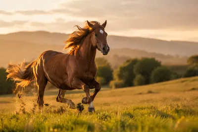 Majestic Chestnut Horse Running Through Meadow