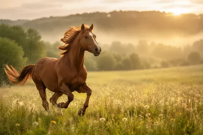 Majestic Chestnut Horse Running Through Spring Meadow
