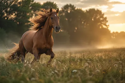 Majestic Chestnut Horse Running Through Sunrise Meadow