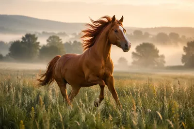 Majestic Chestnut Horse Running Through Sunrise Meadow