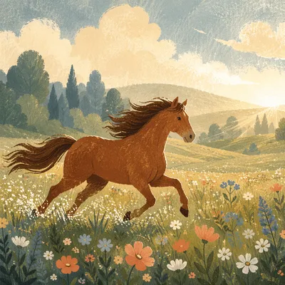 Chestnut Horse Running Free in Meadow