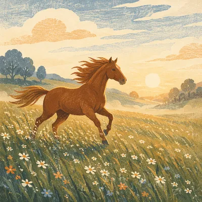 Chestnut Horse Running Through Sunrise Meadow