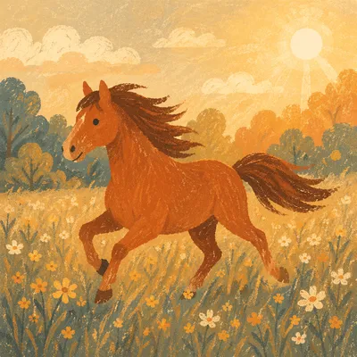 Chestnut Horse Running Through Sunlit Meadow