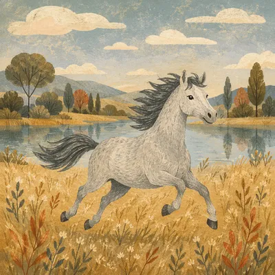 Gray Horse Galloping Through Golden Meadow