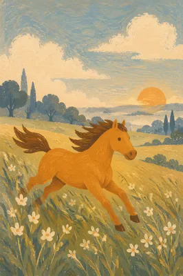 Chestnut Horse Racing Through Golden Meadow