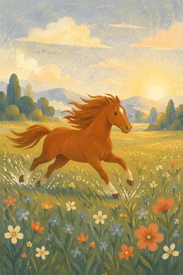 Chestnut Horse Galloping Through Spring Meadow