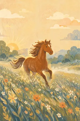 Chestnut Horse Running Through Sunrise Meadow