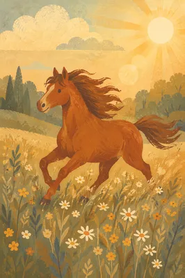 Chestnut Horse Running Through Golden Meadow