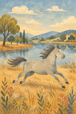 Gray Horse Galloping Through Golden Meadow