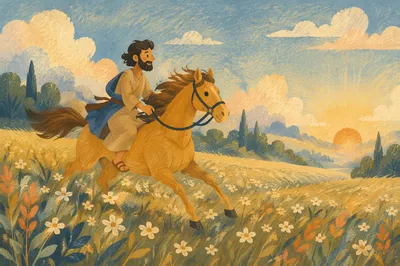 Chestnut Horse Galloping Through Wildflower Meadow