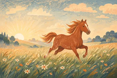 Chestnut Horse Running Through Sunrise Meadow