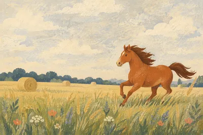 Chestnut Horse Running Through Summer Meadow