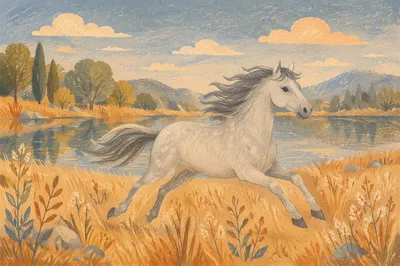 Gray Horse Galloping Through Golden Meadow