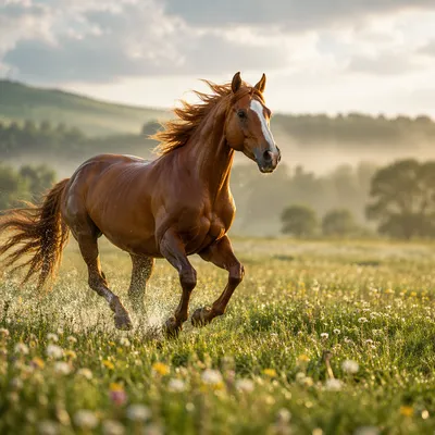 Chestnut Horse Running Free in Meadow