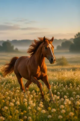 Chestnut Horse Running Through Golden Meadow