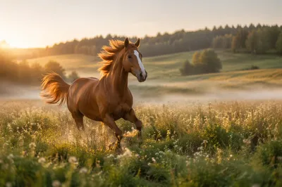 Chestnut Horse Galloping Through Sunrise Meadow