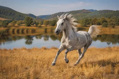 Gray Horse Galloping Through Golden Meadow