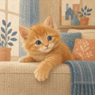 Playful Fluffy Ginger Kitten on Sofa