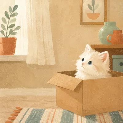 Playful Fluffy Kitten in Cardboard Box