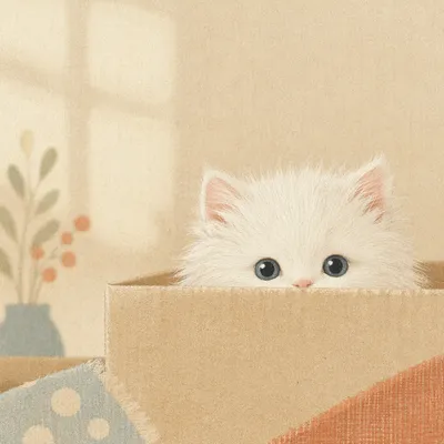 Playful Fluffy White Kitten Peeking