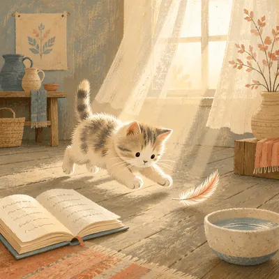 Playful Fluffy Kitten in Morning Cottage Light