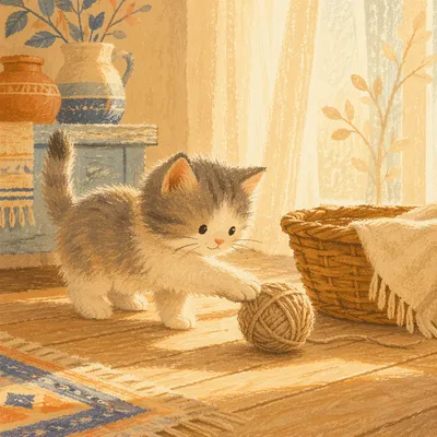 Playful Fluffy Kitten with Twine Ball