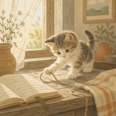 Playful Fluffy Kitten on Wooden Windowsill