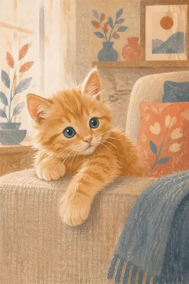 Playful Ginger Kitten on Cozy Sofa
