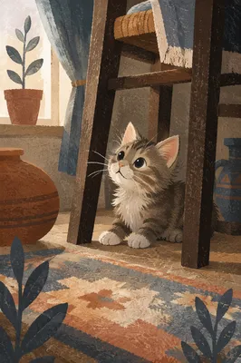 Playful Fluffy Kitten in Warm Wooden Room