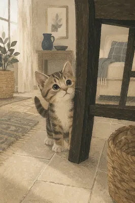 Playful Fluffy Tabby Kitten Beside Wooden Chair