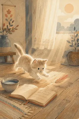 Playful Fluffy Kitten in Morning Cottage Light