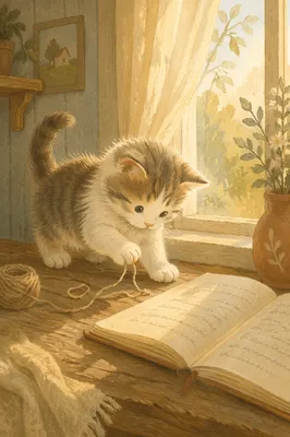 Playful Fluffy Kitten on Wooden Windowsill