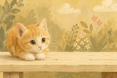 Playful Fluffy Kitten on Wooden Bench