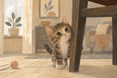 Playful Fluffy Tabby Kitten by Wooden Chair