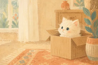 Playful Fluffy Kitten in Cardboard Box