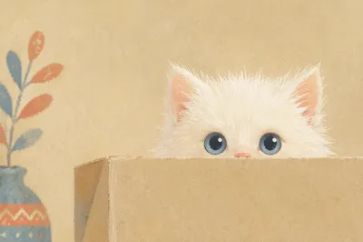 Curious Fluffy White Kitten Peeking