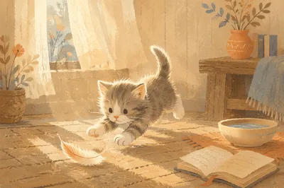 Playful Kitten in Sunlit Cottage Room
