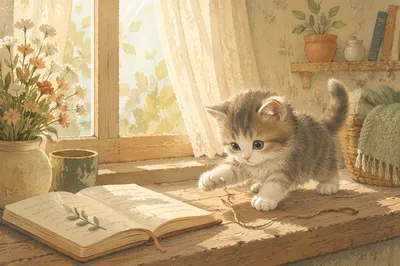 Fluffy Kitten Playing on Wooden Windowsill