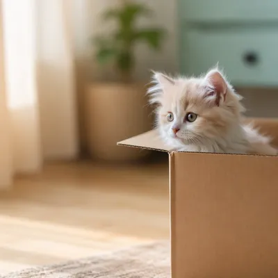 Curious Fluffy Kitten in Cardboard Box