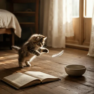 Playful Fluffy Kitten in Morning Cottage Light