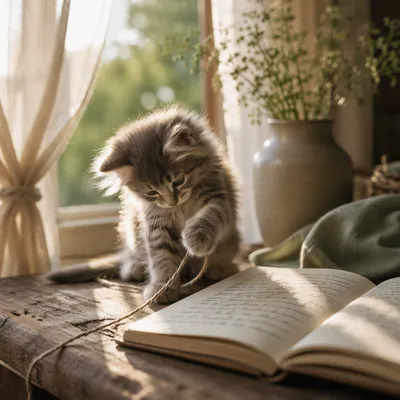 Fluffy Kitten Playing on Wooden Windowsill