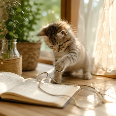 Playful Fluffy Kitten in Morning Window Light